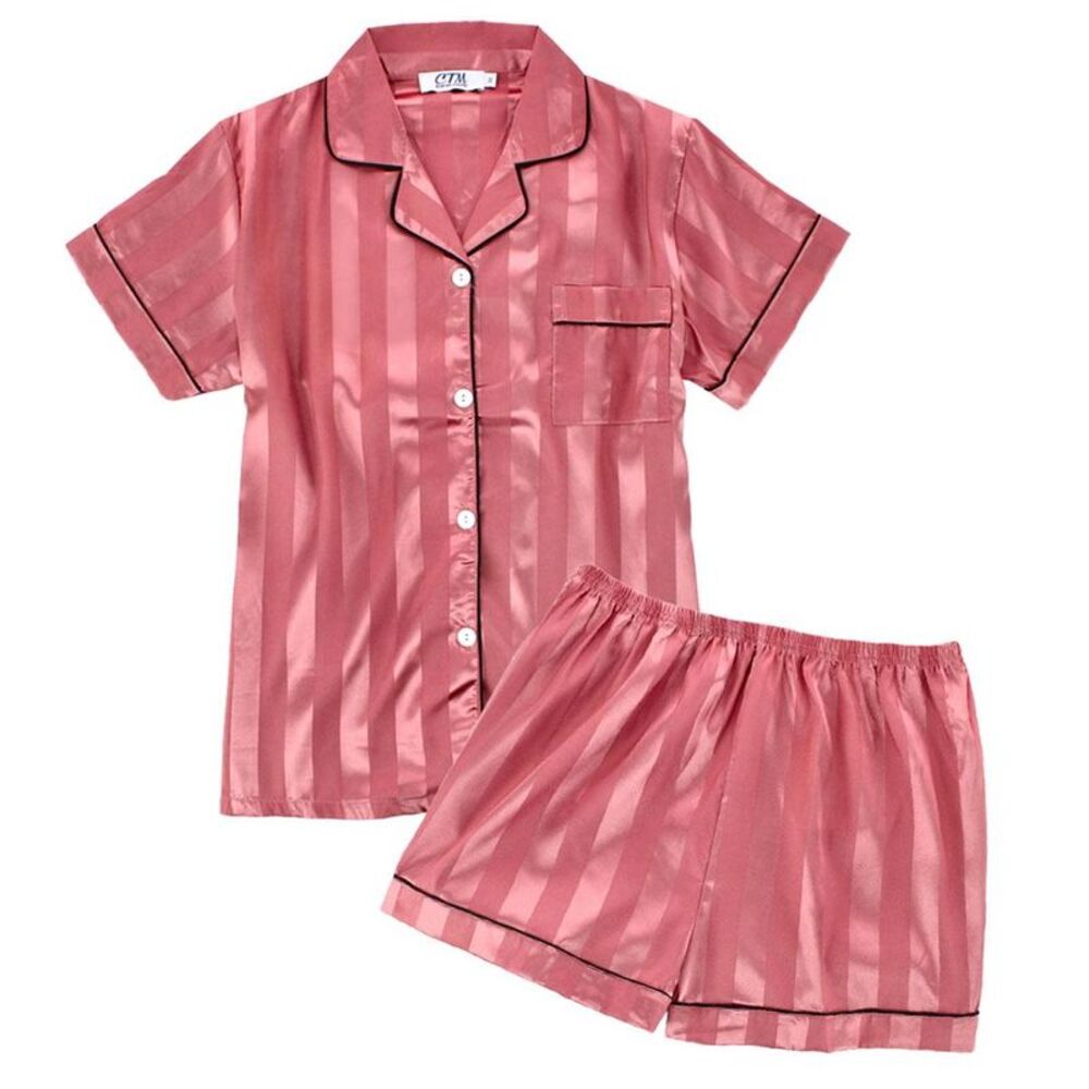 CTM Women's Short Sleeve Thick Striped Satin Pajama Set